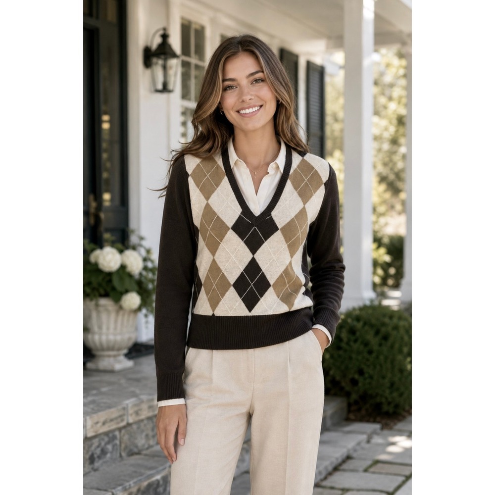 UNITED COLOR OF BENETTON Argyle Wool Blend V-Neck Sweater Preppy Size Small